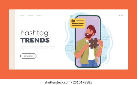 Hashtag Trends Landing Page Template. Man Character Holding Hashtag Sign On Huge Smartphone Screen, Symbolizing Social Media And Digital Connectivity In Society. Cartoon People Vector Illustration