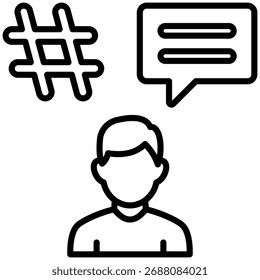 A hashtag with user and message icon, showing CRM integration with social platforms.