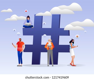 Hashtag vector concept. People with laptops and smartphones are sitting on and around hashtag sign. Social media. Characters design