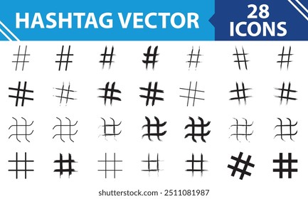 Hashtag vector hand drawn black icons set for social network or internet application. Hashtag ink paint brush stroke line symbols. isolated on white background. Vector Illustration. EPS 10