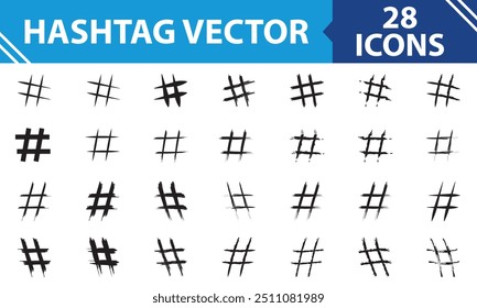 Hashtag vector hand drawn black icons set for social network or internet application. Hashtag ink paint brush stroke line symbols. isolated on white background. Vector Illustration. EPS 10