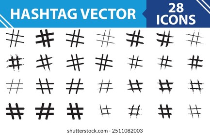 Hashtag vector hand drawn black icons set for social network or internet application. Hashtag ink paint brush stroke line symbols. isolated on white background. Vector Illustration. EPS 10