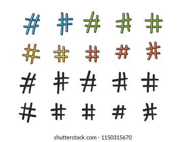 Hashtag vector hand drawn icons. Hashtag ink paint color brush stroke