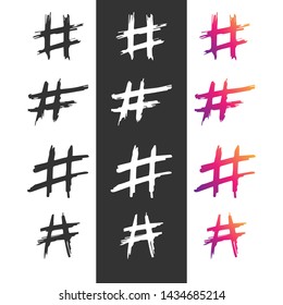 Hashtag vector hand drawn icons set for social network or internet application. Hashtag ink paint brush stroke line symbols