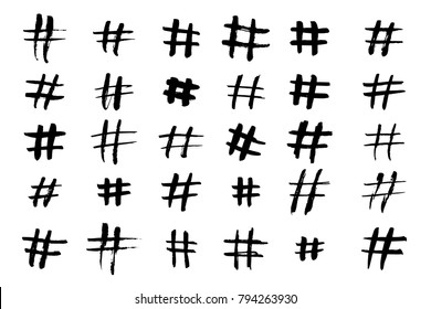 Hashtag vetor ícones desenhados à mão definido para rede social ou aplicativo de internet. Símbolos de linha de traçado de pincel de tinta Hashtag isolados em fundo branco