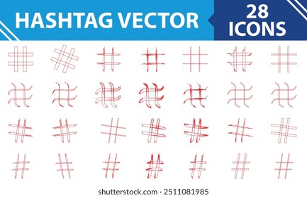 Hashtag vector hand drawn red icons set for social network or internet application. Hashtag ink paint brush stroke line symbols. isolated on white background. Vector Illustration. EPS 10