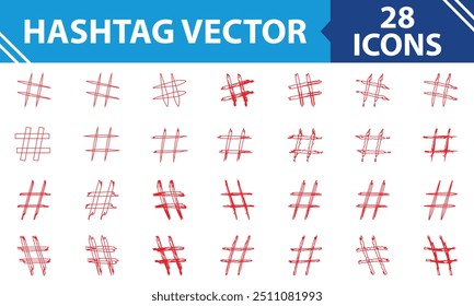 Hashtag vector hand drawn red icons set for social network or internet application. Hashtag ink paint brush stroke line symbols. isolated on white background. Vector Illustration. EPS 10