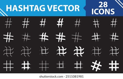 Hashtag vector hand drawn white icons set for social network or internet application. Hashtag ink paint brush stroke line symbols. isolated on black background. Vector Illustration. EPS 10