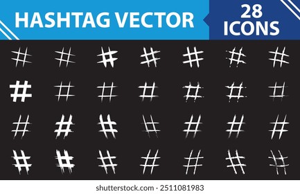 Hashtag Vector dibujado a mano iconos blancos establecidos para la red social o aplicación de Internet. Símbolos de línea de trazo de pincel de pintura de tinta de etiqueta. aislado sobre fondo negro. Ilustración vectorial. EPS 10