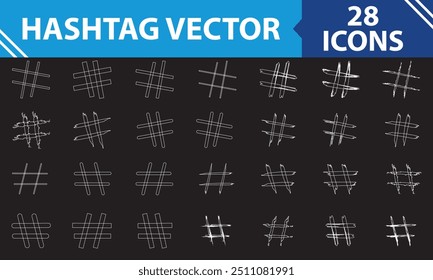 Hashtag vector hand drawn white icons set for social network or internet application. Hashtag ink paint brush stroke line symbols. isolated on black background. Vector Illustration. EPS 10