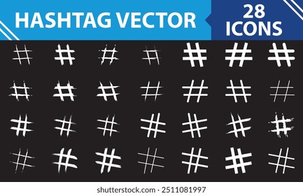 Hashtag vector hand drawn white icons set for social network or internet application. Hashtag ink paint brush stroke line symbols. isolated on black background. Vector Illustration. EPS 10