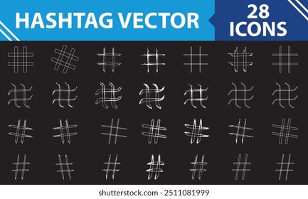 Hashtag vector hand drawn white icons set for social network or internet application. Hashtag ink paint brush stroke line symbols. isolated on black background. Vector Illustration. EPS 10