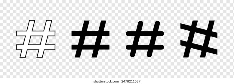 Hashtag vector icon. Hash tag symbol. Social media communication logo sign. Web application and interface button. Black silhouette image. Hashtag icon set. Eps 10.