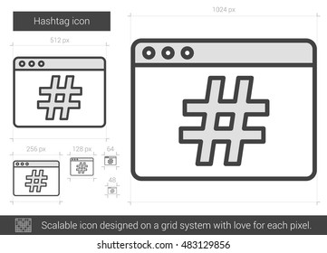 Icono de línea vectorial de etiqueta aislado en fondo blanco. Icono de la línea de hashtag para infografía, sitio web o aplicación. Icono escalable diseñado en un sistema de cuadrícula.