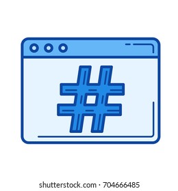 Icono de línea vectorial de etiqueta aislado en fondo blanco. Icono de la línea de hashtag para infografía, sitio web o aplicación. Icono azul diseñado en un sistema de cuadrícula.
