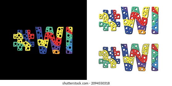 Hashtag #WI Set. Mehrfarbige, lustige Cartoon bunt doodle Blase isolierten Text. Regenbogenfarben. Hashtag #WI ist Abkürzung für den US-amerikanischen Bundesstaat Wisconsin für Print, Social Network.