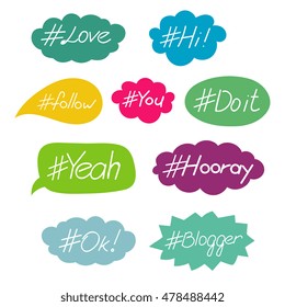 Hashtag words in speech bubble vector set. Hash tag message wording illustration
