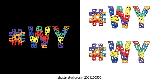 Etiqueta #WY. Multicolor divertido caricatura colorida burbuja de garabatos aislado texto. Colores arcoiris. El hashtag #WY es abreviatura del estado estadounidense Wyoming por imprimir, red social.