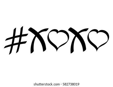 Hashtag XOXO, hugs and kisses, calligraphy design template, horizontal, vector illustration