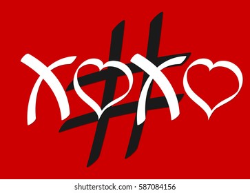 Hashtag XOXO, hugs and kisses, calligraphy design template, horizontal, vector illustration