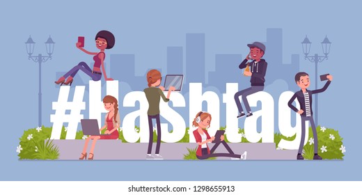 Hashtag and young people using social media, websites and smartphone applications. Hash sign giant symbol, users mark topics, messages of interest, mobile news. Vector illustration