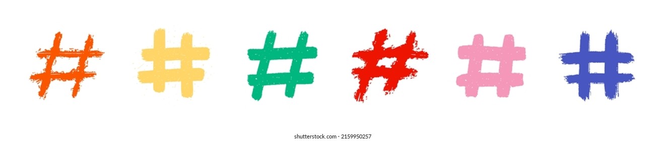 Hashtags, vector ink painted tag icons on white background. Hand Drawn vector illustration.