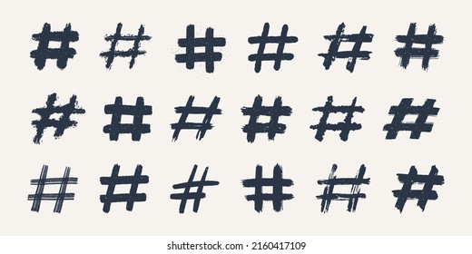 Hashtags, vector ink painted tag icons on white background. Hand Drawn vector illustration.