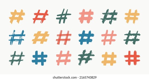 Hashtags, vector ink painted tag icons on white background. Hand Drawn vector illustration.
