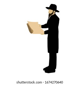 A Hasidic Jewish man orthodox  wearing a black hat and a black coat tuxedo, reading an ancient scroll made of parchment.