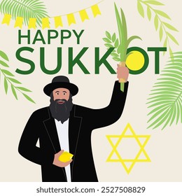 Hombre jasídico con etrog, lulav. Ilustración de Sucot feliz. Un hombre judío. Hombre judío