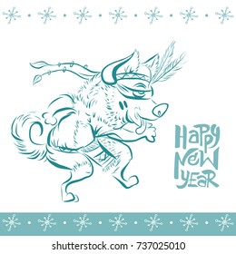 Hasky Dog New year 2018 illustration. Greeting card of a dog. Domestic pet. Hand drawn illustration. White background.