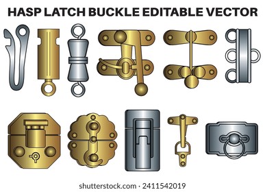 Hasp latch buckle flat sketch vector illustration set, different types of hasp latch lock for jewellery box accessories cad drawing