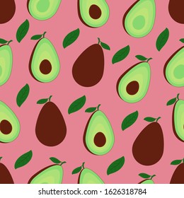 It is a hass avocado seamless pattern  with pink background and there are leaves in it. There is one full avocado, one half cut avocado with seed and one half cut avocado without seed.