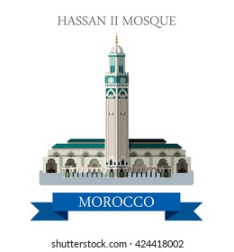 Hassan II Mosque in Morocco. Flat cartoon style historic sight showplace attraction web site vector illustration. World countries cities vacation travel sightseeing Africa collection.