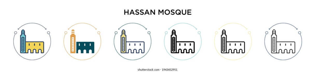 Hassan mosque icon in filled, thin line, outline and stroke style. Vector illustration of two colored and black hassan mosque vector icons designs can be used for mobile, ui, web