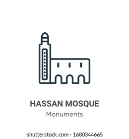 Hassan mosque outline vector icon. Thin line black hassan mosque icon, flat vector simple element illustration from editable monuments concept isolated stroke on white background