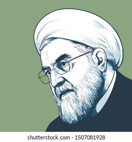 Hassan Rouhani, Seventh President Of Iran Vector Portrait Drawing Illustration 17/09/2019