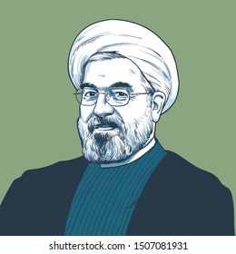 Hassan Rouhani, Seventh President Of Iran Vector Portrait Drawing Illustration 17/09/2019