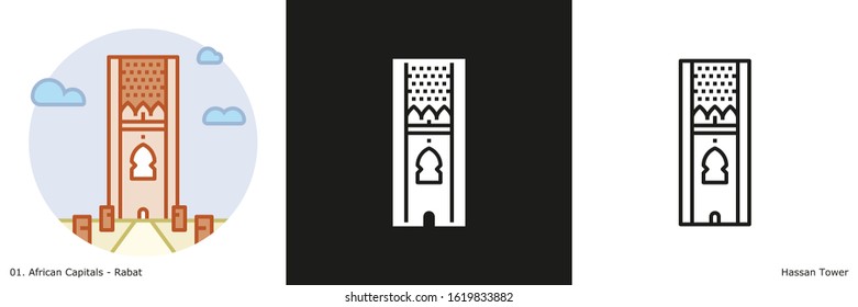 Hassan Tower Icon - Rabat.
Glyph, Outline and Filled Outline icons of the famous landmark from the capital of Morocco.