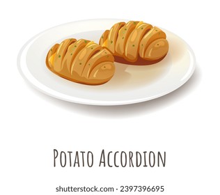 Patatas de Hasselback o acordeón ralladas y condimentadas con mantequilla de hierbas de ajo. Plato aislado con sabrosa comida vegana con aceite de oliva perfundido. Nutrición dietética. Vector de estilo plano