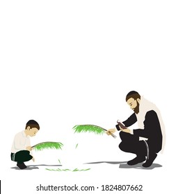 A Hassidic Jew with a tallit and next to him a young religious Jewish boy beating a willow on Sukkot on Hoshana Rabba They say Hoshanot.
Leaves fall to the floor.
Vector drawing.