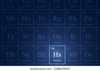 Hassium highlighted element in periodic table with glowing effect