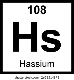 Hassium (Hs) periodic table of elements tile. Icon with atomic number 108. Synthetic radioactive element named after the German state of Hesse.