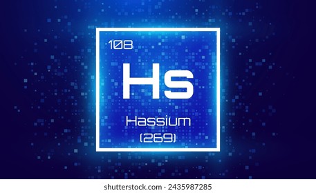 Hassio. Elemento de tabla periódica con el símbolo Hs. Tarjeta de elemento químico con número y peso atómico. Diseño para Educación, Laboratorio, Clase de Ciencias. Ilustración vectorial.