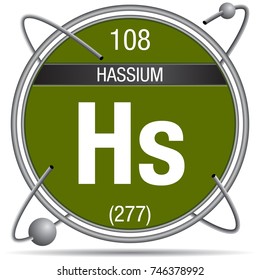 Hassium symbol inside a metal ring with colored background and spheres orbiting around. Element number 108 of the Periodic Table of the Elements - Chemistry 