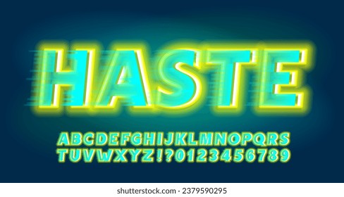 Haste alphabet font. Bright neon letters and numbers with a speed effect. Stock vector typeface for your design.