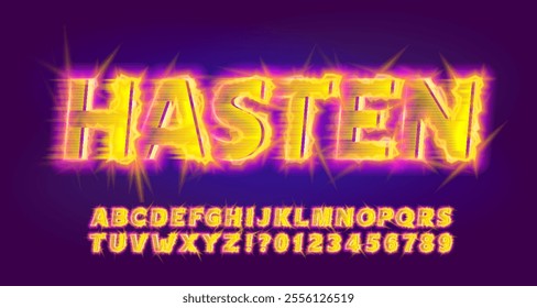 Hasten alphabet font. Colorful neon letters and numbers. Retro typescript for your typography design.