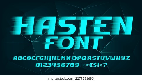 Hasten alphabet font. Fast speed effect letters and numbers. Polygonal background. Stock vector typeface for your design in sport style.