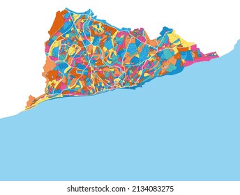 Hastings, South East England, England colorful high resolution vector art map with city boundaries. White outlines for main roads. Many details. Blue shapes for water. 