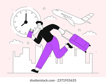 Hasty man line concept. Young guy with luggage and baggage near airplane. Passenger hurry up to flight in airport. Bad time management, broken deadline. Linear flat vector illustration